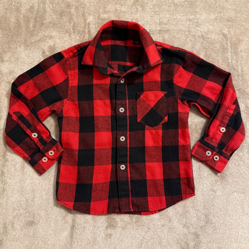 Design In Italy Kids Red Black Buffalo Plaid Flannel Button Down Shirt 2-3T